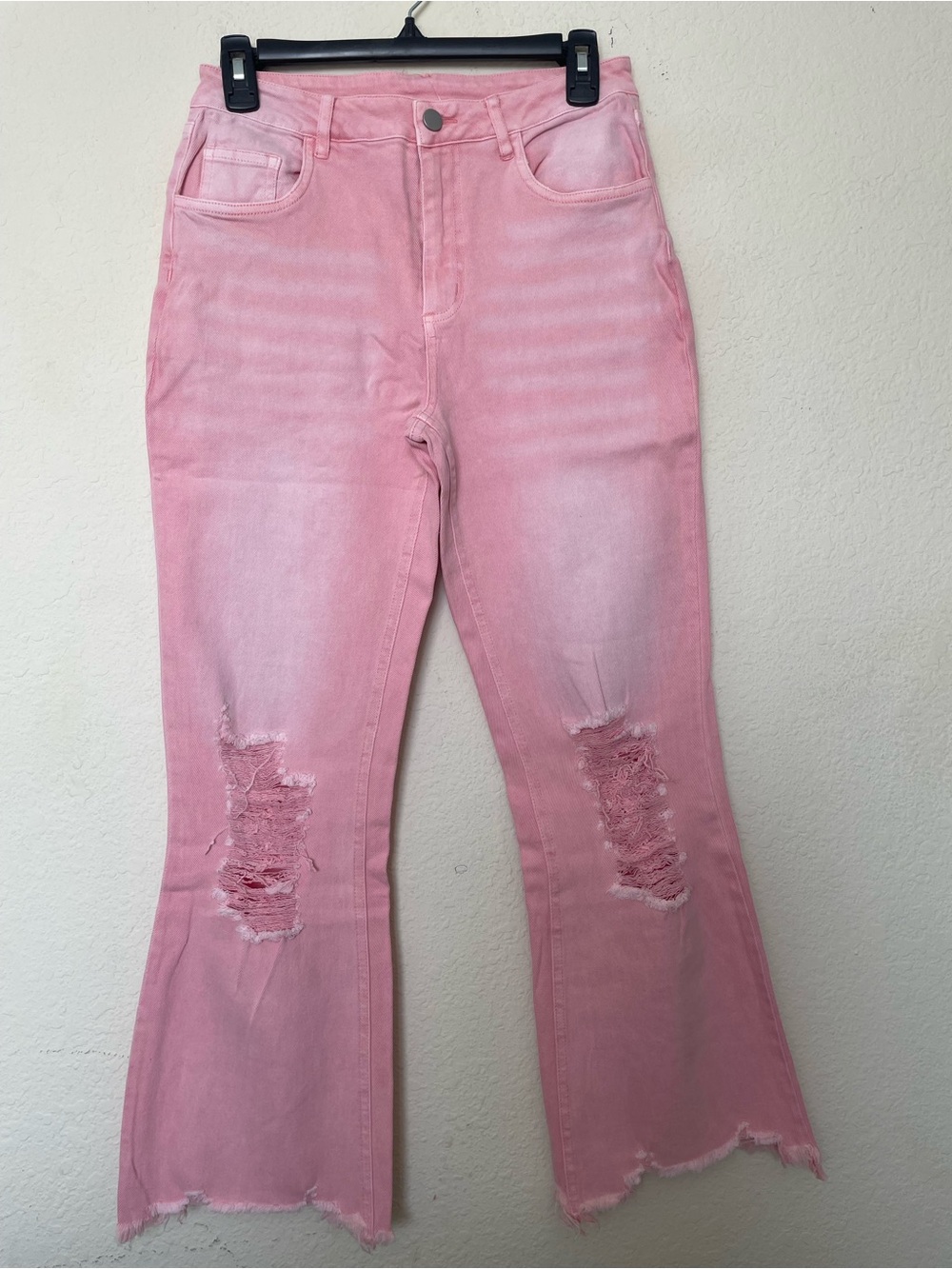 High-Rise Pink Distressed Flare Jeans
